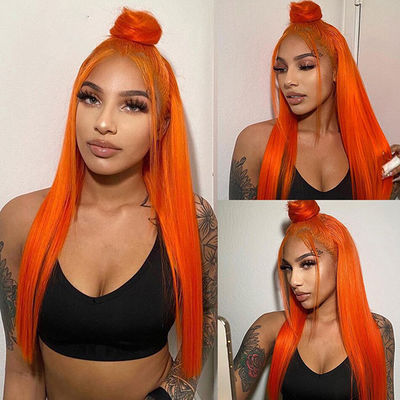 Ginger Orange Straight Lace Bagian Depan Rambut Manusia Wigs Pre Plucked untuk Wanita