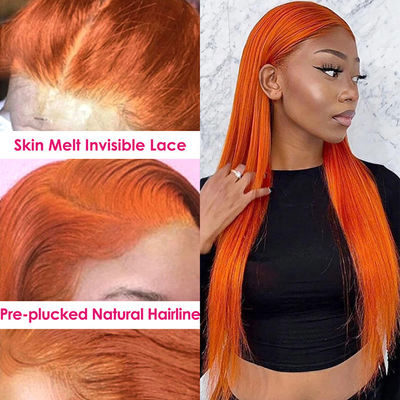 Ginger Orange Straight Lace Bagian Depan Rambut Manusia Wigs Pre Plucked untuk Wanita