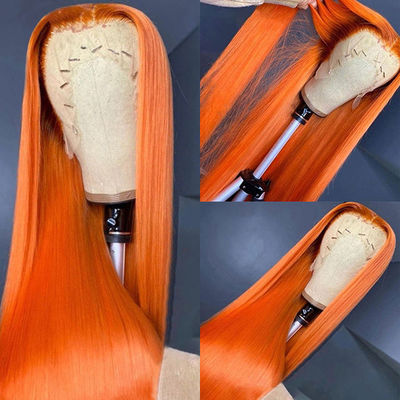 Ginger Orange Straight Lace Bagian Depan Rambut Manusia Wigs Pre Plucked untuk Wanita