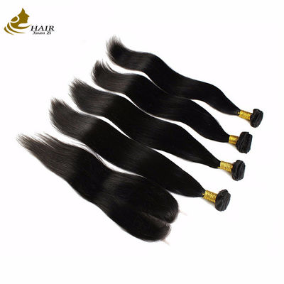 100g Virgin Human Hair Extensions Bundles Natural Black Straight Dengan Penutupan