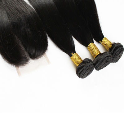 100g Virgin Human Hair Extensions Bundles Natural Black Straight Dengan Penutupan