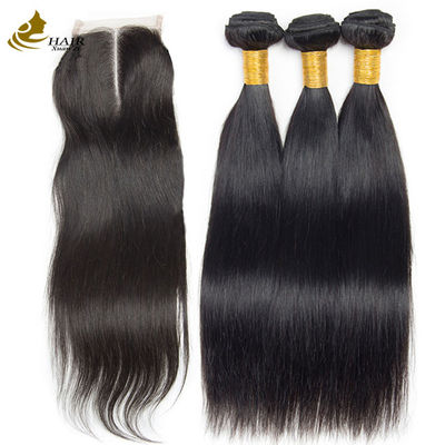 OEM 18 Inci Natural Hitam lurus mentah Virgin Human Hair Bundles Dengan Penutupan