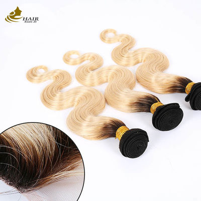 1B Blonde Ombre Ekstensi Rambut Manusia Remy Weave Wig Bundle Dengan Penutupan