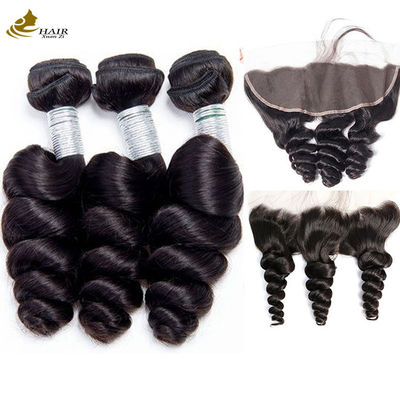 Gelombang longgar Brazil Kinky Curly Virgin Hair Packs Dengan Penutupan renda Frontal