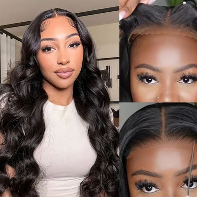 Tanpa lem disesuaikan rambut manusia wig tubuh gelombang depan renda wig untuk dijual